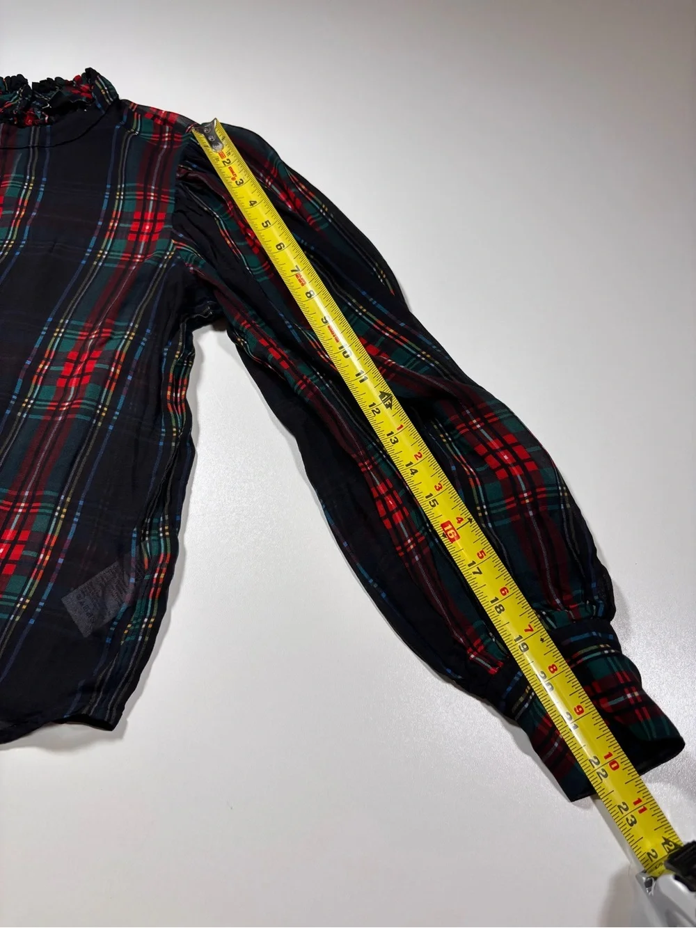 J.Crew Ruffleneck Top Stewart Tartan Chiffon XS Plaid Holiday Red Green Sheer